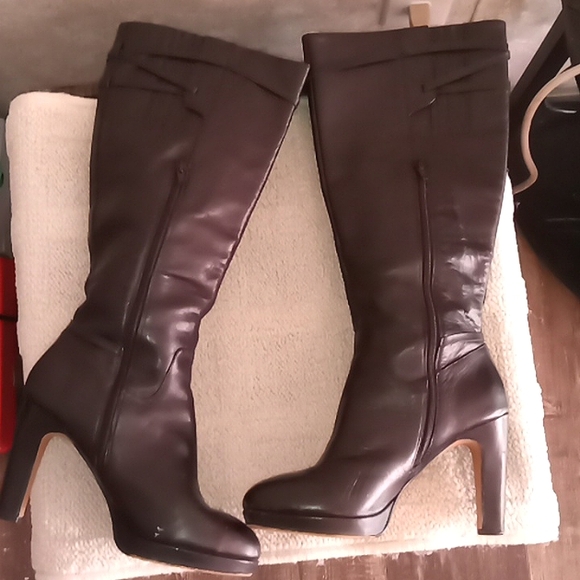 Women's Bronx Black Heel tall platform leather boots, pre loved good condition, - Picture 7 of 14